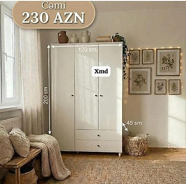 3 qapılı, Siyirməli, Ağ, Açılan, Düz dolab