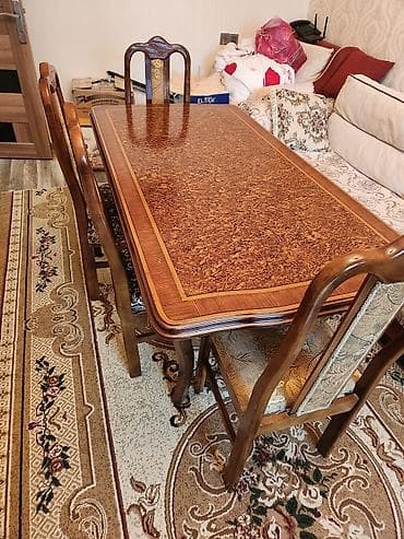 bord: İşlənmiş, Açılmayan, Dördbucaq masa, 6 stul — 2