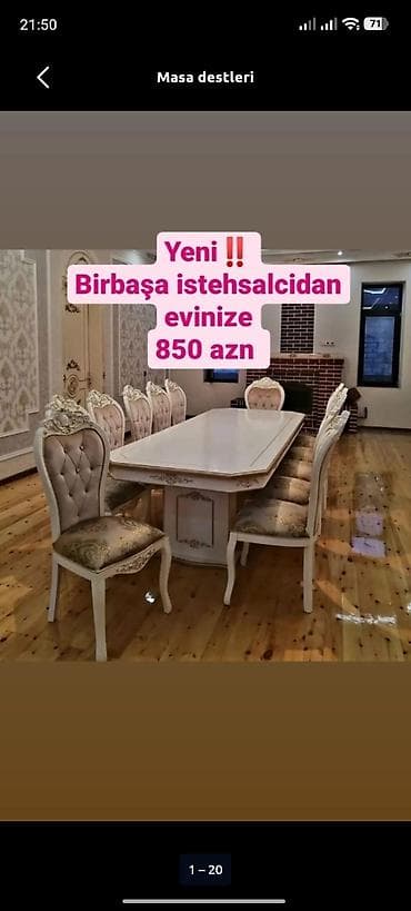 stol uzu: Qonaq otağı üçün, Yeni, Açılmayan, Dördbucaq masa, 8 stul — 1