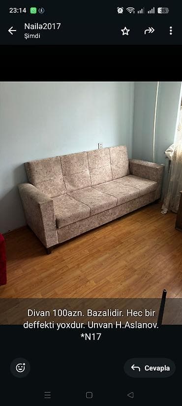 Divan 100azn. Bazalidir. Hec bir deffekti yoxdur. Unvan H.Aslanov