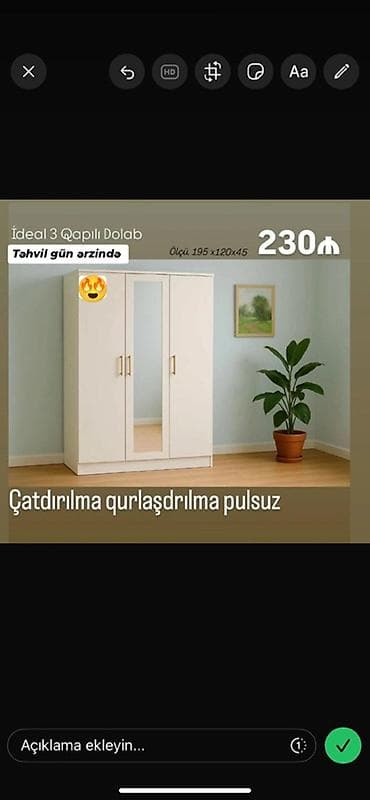 3 qapılı, Güzgülü, Bej, Açılan, Düz dolab