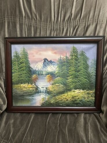 fon şəkilləri: Yağlı boya mənzərə tablosu - Mövzu: dağ mənzərəsi – ön planda kiçik — 1