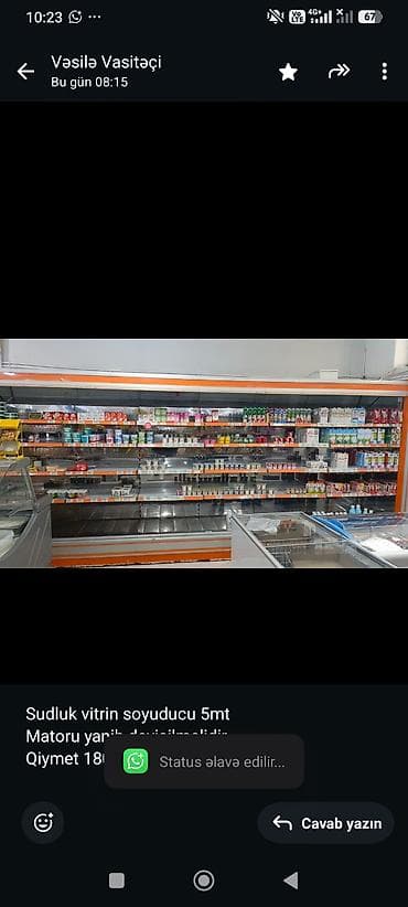 Sudluk vitrin soyuducu 5mt Matoru yanib deyisilmelidir. Qiymet 1800