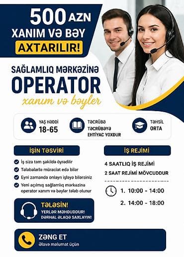 Çağrı mərkəzi operatorları: Çağrı mərkəzi operatoru tələb olunur, Tələbələr, Təcrübəsiz, Aylıq ödəniş — 1