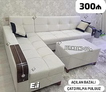 islenmis kunc divanlar: Açılan-bazalı L formalı divan dəsti - Rəng: ağ - Material: yumşaq — 1