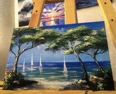 dəniz şəkilləri: “Araliq denizi” eseri Yagli boya ile ketan uzerinde chekilib Olchu — 1