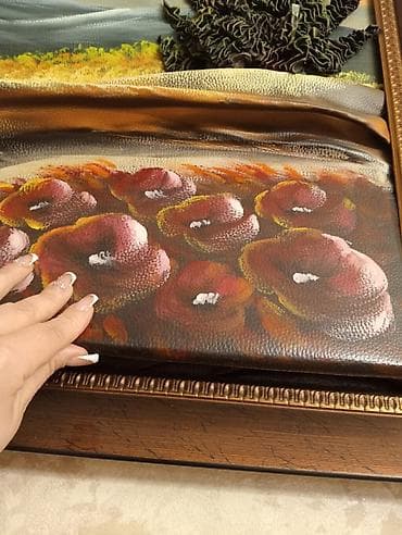 İncəsənət və kolleksiyalar: Unikal 3D fakturalı rəsm tablosu - Mövzu: dağ mənzərəsi fonunda kənd — 3