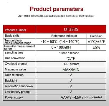 kecə: Termo-hiqromet Model: UNI-T UT 333S Portativ termohiqrometr qapalı — 4