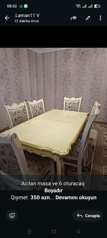 Acılan masa ve 6 oturacaq *Boyadır* Qıymet *350 azn* Ünvan Binəqədi — 1