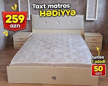 Mebel: Taxt dəsti – matras hədiyyə! - Yataq çərçivəsi və yumşaq başlıq: krem — 1