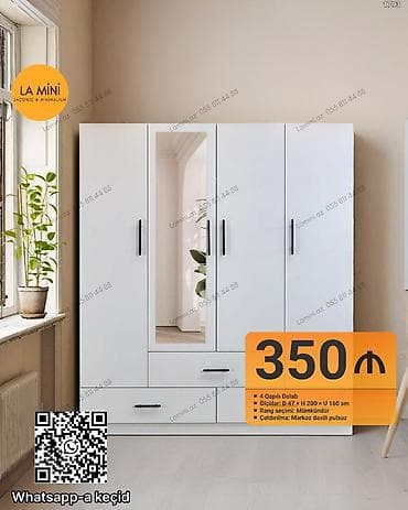 4 qapılı, Güzgülü, Ağ, Açılan, Düz dolab