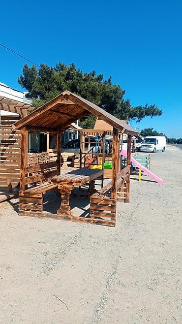 taxta stul: Açıq havada istifadə üçün taxta kölgəlikli masa dəsti - Material: tam — 3