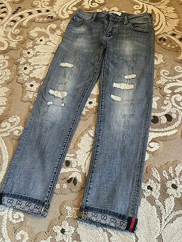 cins paltar: Gənc tərz üçün mavi cins şalvar - Model: düz kəsim, orta bel - Rəng — 1