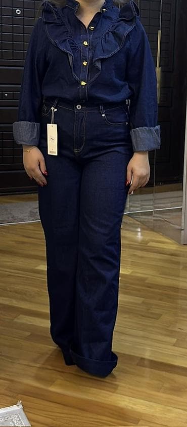 pul kisəsi: Qadınlar üçün tünd mavi denim dəst - 2 hissədən ibarət: frill (volan) — 2