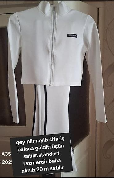 sade don: - Ağ idman dəsti: fermuarlı üst, uzunqol, sinədə “World Model” loqosu — 1