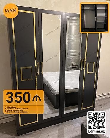4 qapılı, Güzgülü, Qara, Taxta, Açılan, Düz dolab