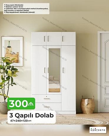 3 qapılı dolab – 47×240×120 sm Xüsusiyyətlər: - Material: 18 mm lalafo.az -da 3 qapılı dolab – 47×240×120 sm Xüsusiyyətlər: - Material: 18 mm