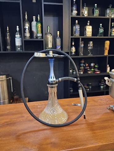 Nargilə seti – şüşə qab, metal şaxta və silikon şlanq - Şaxta: mat