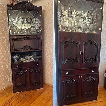 dolab metbex: Klassik üslubda vitrin‑bufet şkaf - Material: ağac əsaslı, tünd — 1