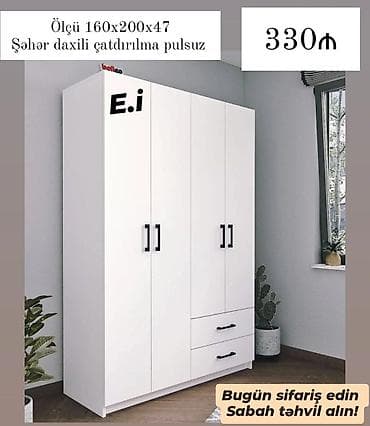 telvizor altı: Ağ rəngdə üç qapılı paltar şkafı - Ölçü: 160 x 200 x 47 sm - Dizayn — 1