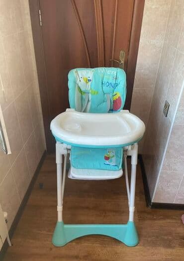 Uşaq yemək stulu - Rəng: açıq mavi/ağ, şən naxışlı yumşaq oturacaq -