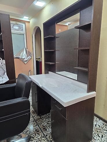 Salon, tibbi mebel: Salon üçün vizaj/berber masası və kreslo dəsti - Tünd ağac rəngində — 6