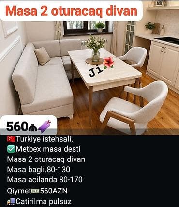 Mətbəx üçün, Açılan, Dördbucaq masa, 2 stul
