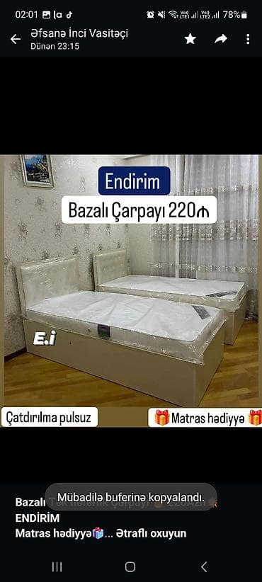 matraslar: *Bazalı Tək nəfərlik Çarpayı 🔥 220Azn💥 ENDİRİM* *Matras hədiyyə🎁* — 1