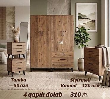 islenmis masa desti: Mebel dəsti – təbii ağac teksturalı modern dizayn - 4 qapılı dolab — — 1