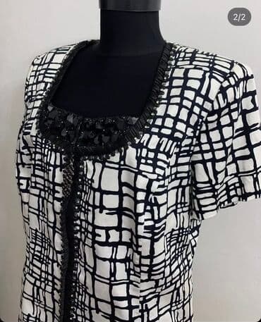женские восточные костюмы: Ağ və qara rənglərdə həndəsi naxışlı kostyum. Kostyum qısa qollu jaket — 2