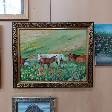 qaqa şekilleri: Əsər: Yağlı boya tablo – “Çəmənlikdə atlar” - Texnika: kətan üzərində — 1