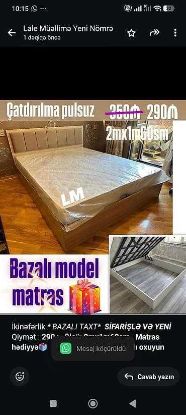 taxt satilir: İkinəfərlik _* BAZALI TAXT*_ _*SİFARİŞLƏ VƏ YENİ*_ Qiymət : *290₼* — 1