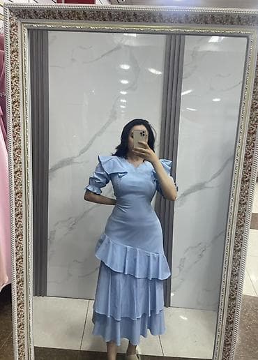 bas: Mavi rəngdə zərif qadın donu - Stil: Retro-feminen siluet, beldən — 3