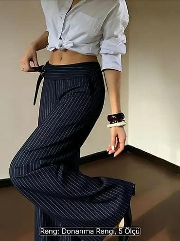 Zolaqlı qadın şalvar - Kəsim: enli balaqlı (wide-leg), düz, yüksək — 2