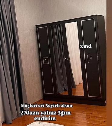 qara dolab: - Qara rəngdə 4 qapılı paltar şkafı - Ortada tam ölçülü güzgülü qapı - — 1
