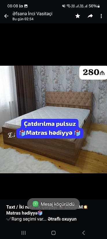 Мебель на заказ: *Taxt / İki nəfərlik Çarpayı 💥 ENDİRİM💥* *Matras hədiyyə🎁* ✔️Rəng — 1