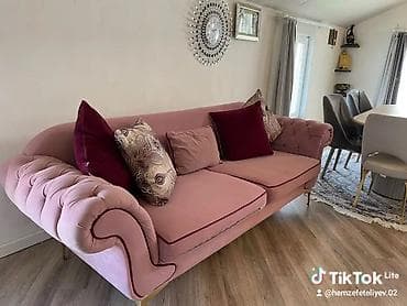 divanda: Pudra-çəhrayı rəngdə elegant 3 nəfərlik divan - Yumşaq məxməri/parça — 3