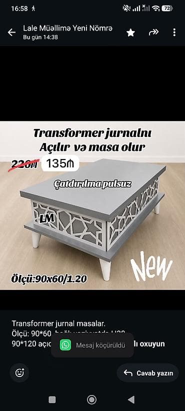 Transformer jurnal masalar. Ölçü: 90*60 bağlı vəziyyətdə H38 90*120