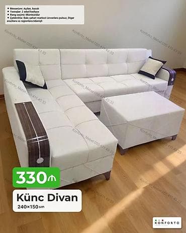 Künc Divan – 240×150 sm - Mexanizm: açılan, bazalı (yataq funksiyası