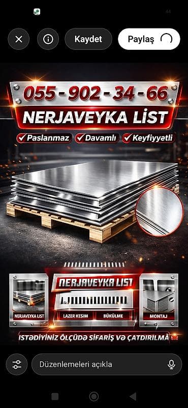 su ceni nerj: Məhsul: Nerjavayka və Alüminium listlər Xüsusiyyətlər: - Paslanmayan — 1