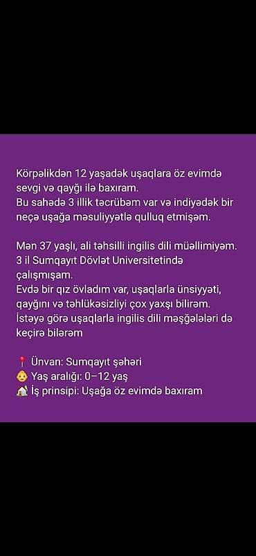 daye is elanlari 2024: Uşaq baxımı və inkişafı xidməti - 0–12 yaş aralığındakı uşaqlara öz — 1