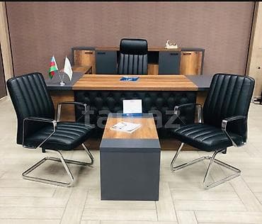 Ofis mebel dəsti - İdarəçi masa: Təbii ağac naxışlı üst səth, tutqun
