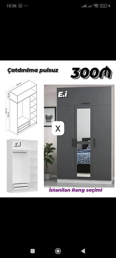 bal: Geniş güzgülü paltar şkafı - Ölçülər: hündürlük 190 sm + üst modul 45 — 1