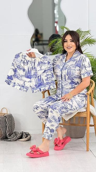 ana bala geyim: Qadın pijama dəsti – köynək + uzun şalvar + əlavə şort - Model — 4