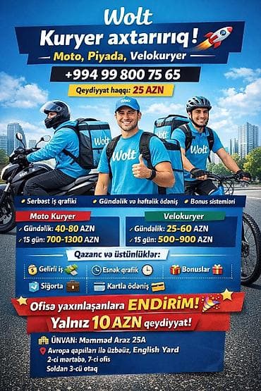 Moto-kuryer tələb olunur, Gündəlik ödəniş, Təcrübəsiz — 1