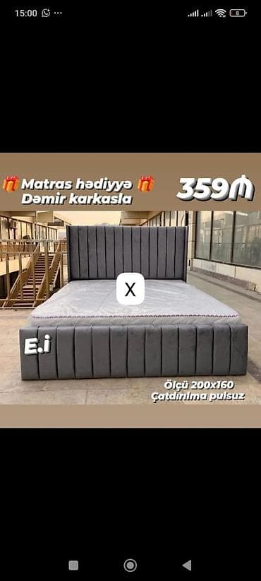 Məhsul: Yumşaq başlıqlı çarpayı - Ölçü: 200 x 160 sm - Karkas: Dəmir