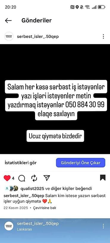 Xidmət: Sərbəst yazı və mətn işləri Təsvir: - Mətnlərin yazılması və