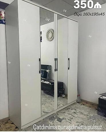 4 qapılı, Güzgülü, Ağ, Açılan, Düz dolab
