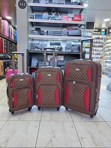 camadan: Səyahət çamadanları dəsti – 3 ölçü - Dizayn: Qəhvəyi-şahmat naxışlı — 1