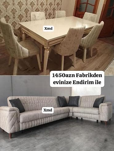 Mebel dəsti - Yemək masası və 6 ədəd stul: Parlaq krem rəngli masa